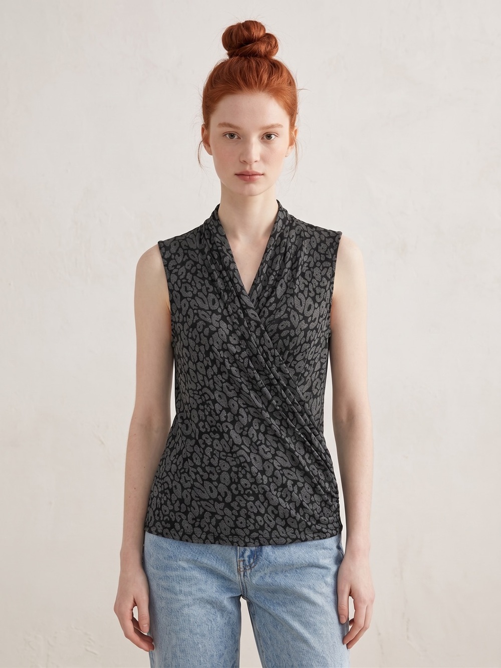 Theory Y2K Style Black and Gray Sleeveless Leopard-Print Wrap top. Rave. Mobwife